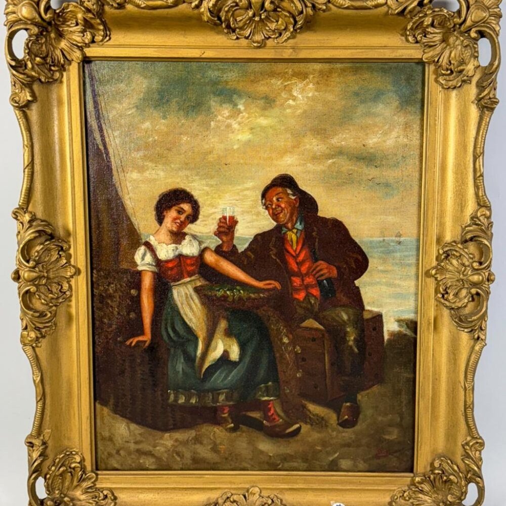 Old Sailor & Maiden Victorian Oil Painting